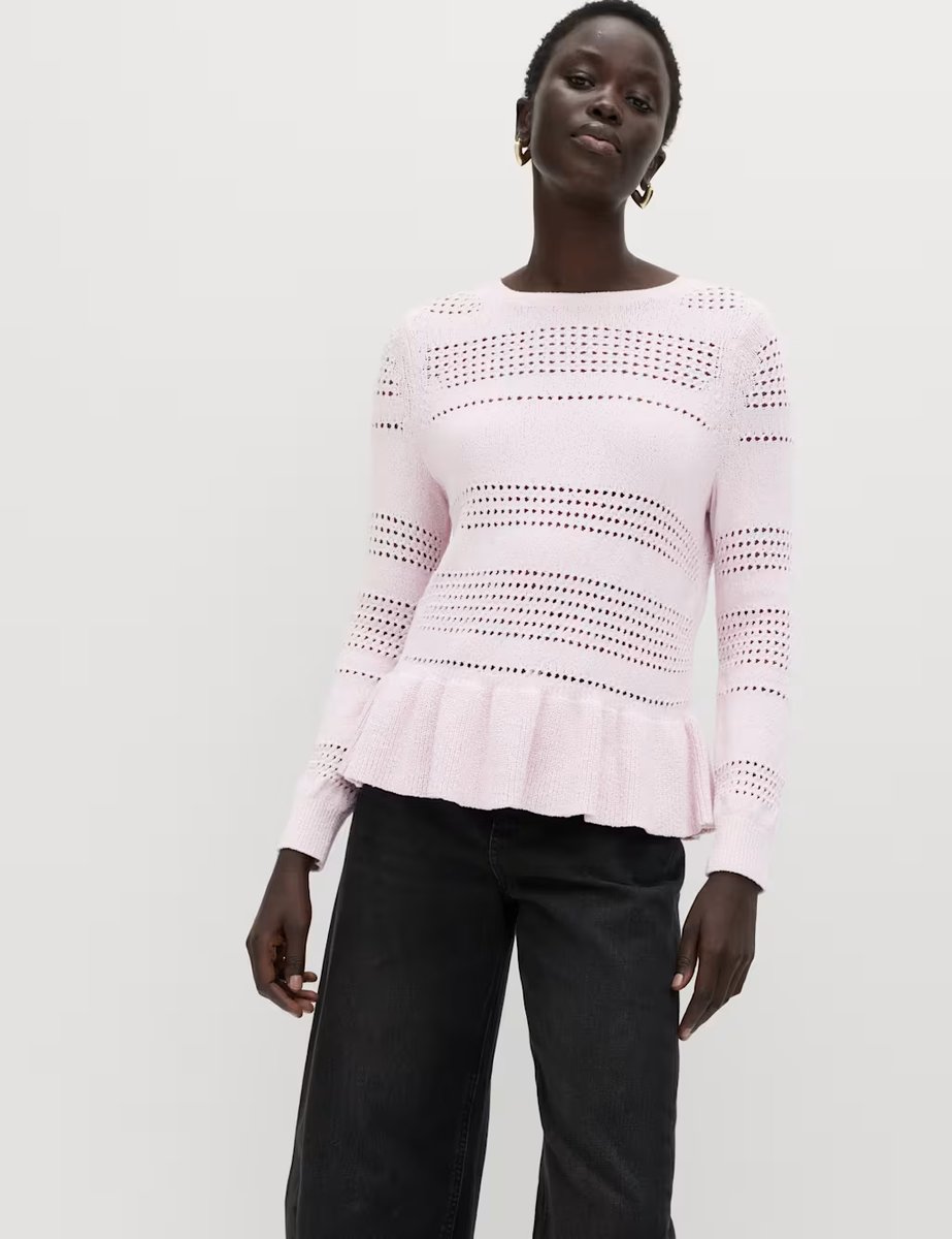 Marks & Spencer M&S Cotton Blend Pointelle Ruffle Jumper Pale Pink - 2