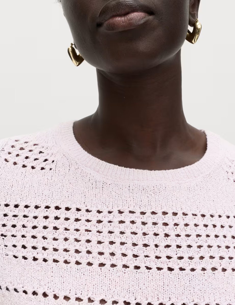 Marks & Spencer M&S Cotton Blend Pointelle Ruffle Jumper Pale Pink - 3