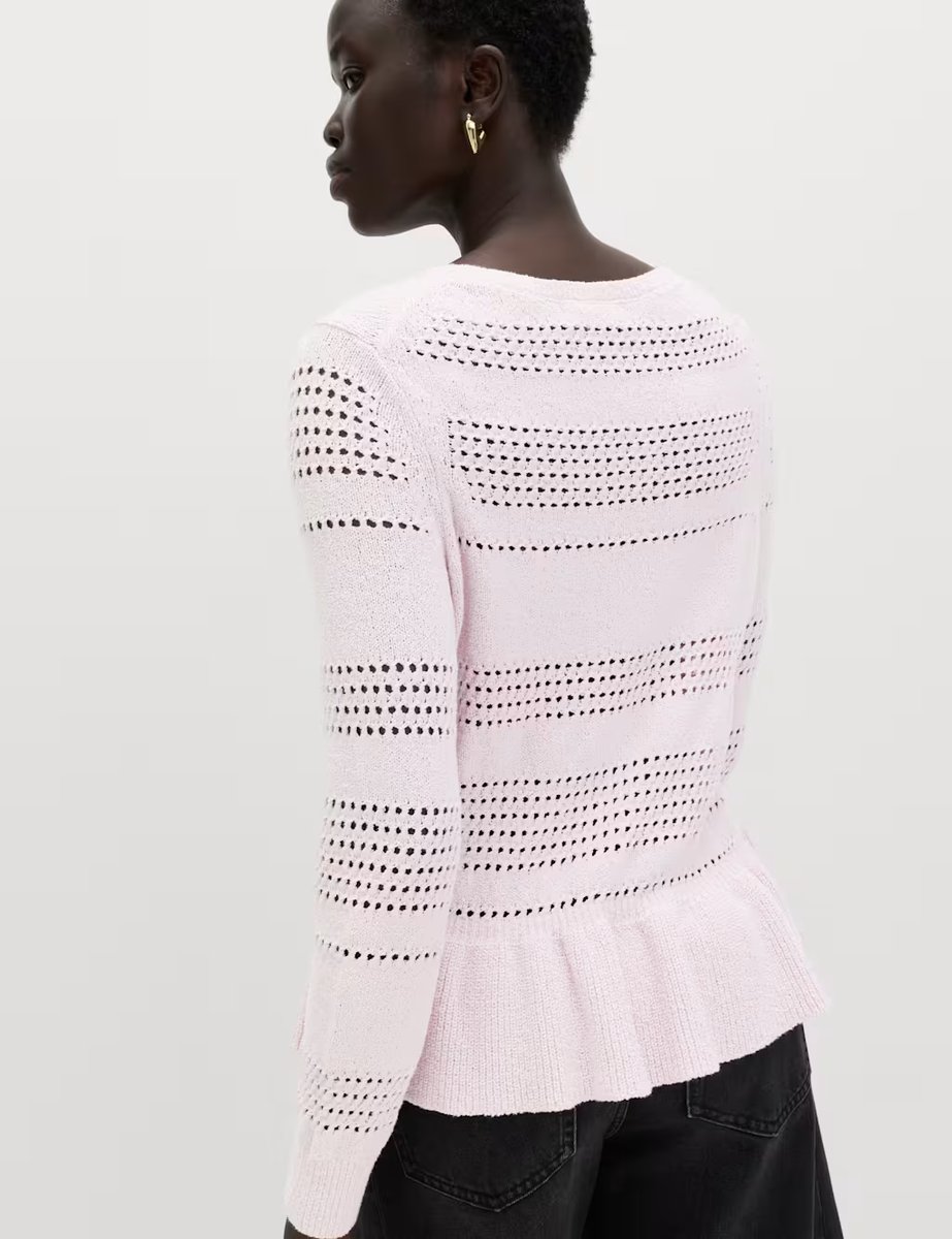 Marks & Spencer M&S Cotton Blend Pointelle Ruffle Jumper Pale Pink - 4