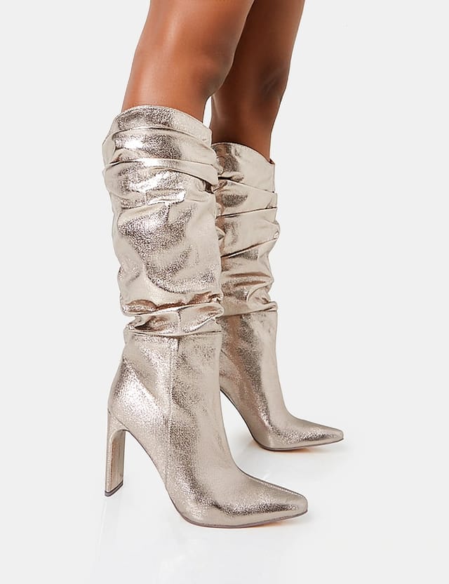Public Desire Manhattan Pewter Pointed Toe Knee High Narrow Block Heel Boots - 2