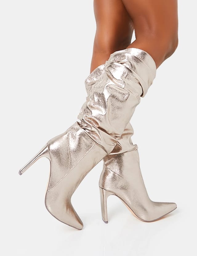 Public Desire Manhattan Pewter Pointed Toe Knee High Narrow Block Heel Boots - 3