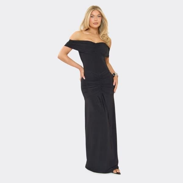 EGO Bardot Slinky Ruched Detail Maxi Dress In Black, Women's Size UK 6