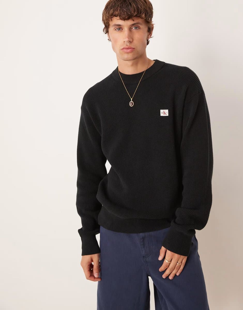 ASOS Calvin Klein Jeans waffle knit jumper in black