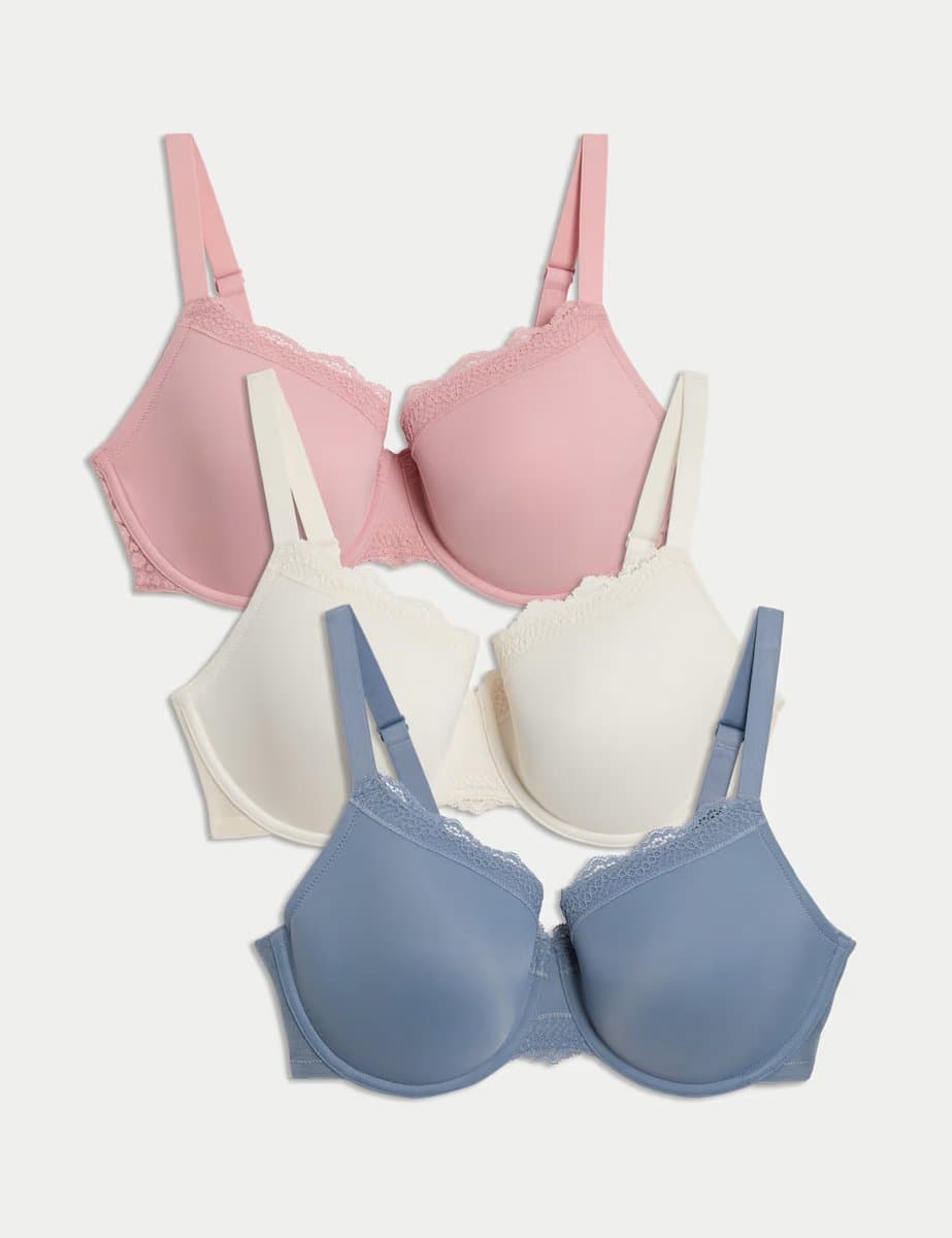 Marks & Spencer M&S 3pk Lace Trim Wired Full Cup Bras F-H Grey Blue