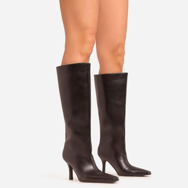 EGO Cecil Square Toe Stiletto Heel Knee High Long Boot In Black Faux Leather, Women's Size UK 3 - 2