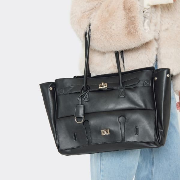 EGO Malta Lock Detail Shaped Shoulder Bag In Black Faux Leather, Women's Size UK One Size - 1