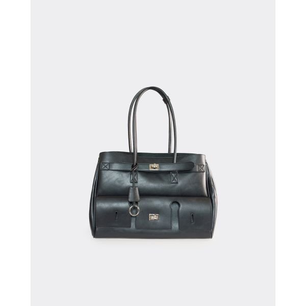 EGO Malta Lock Detail Shaped Shoulder Bag In Black Faux Leather, Women's Size UK One Size - 2