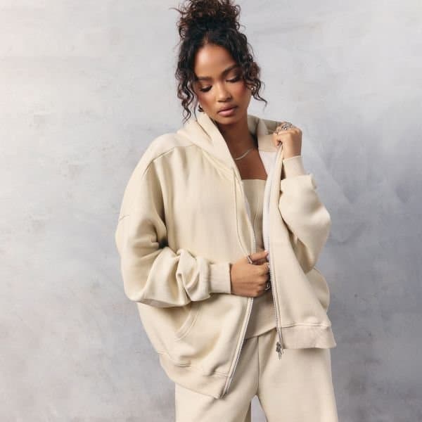 EGO Oversized Long Sleeve Zip Up Hoodie In Stone, Women's Size UK 6