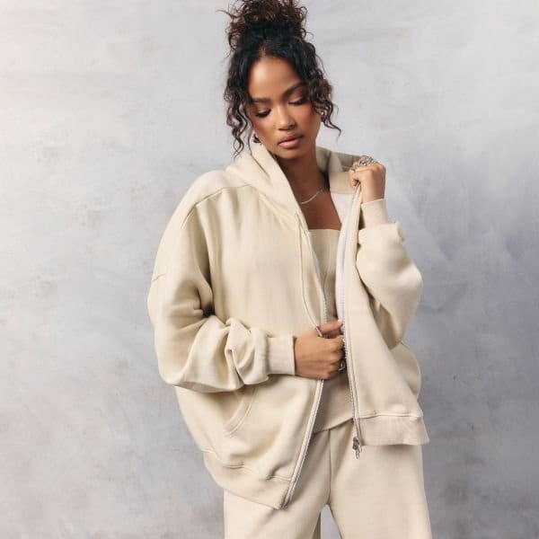 EGO Oversized Long Sleeve Zip Up Hoodie In Stone, Women's Size UK 6 - 1