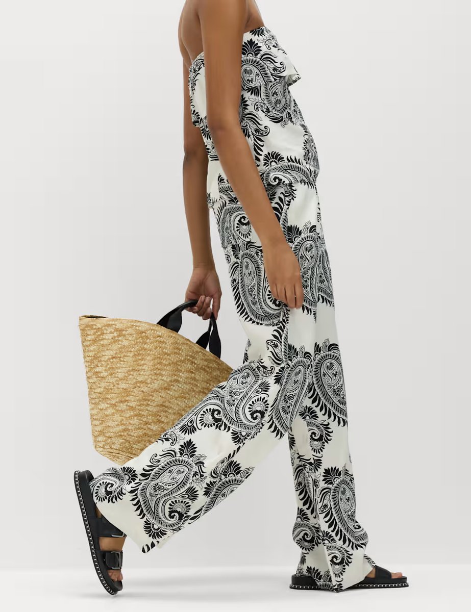 Marks & Spencer M&S Linen Rich Drawstring Wide Leg Trousers White/Black - 2