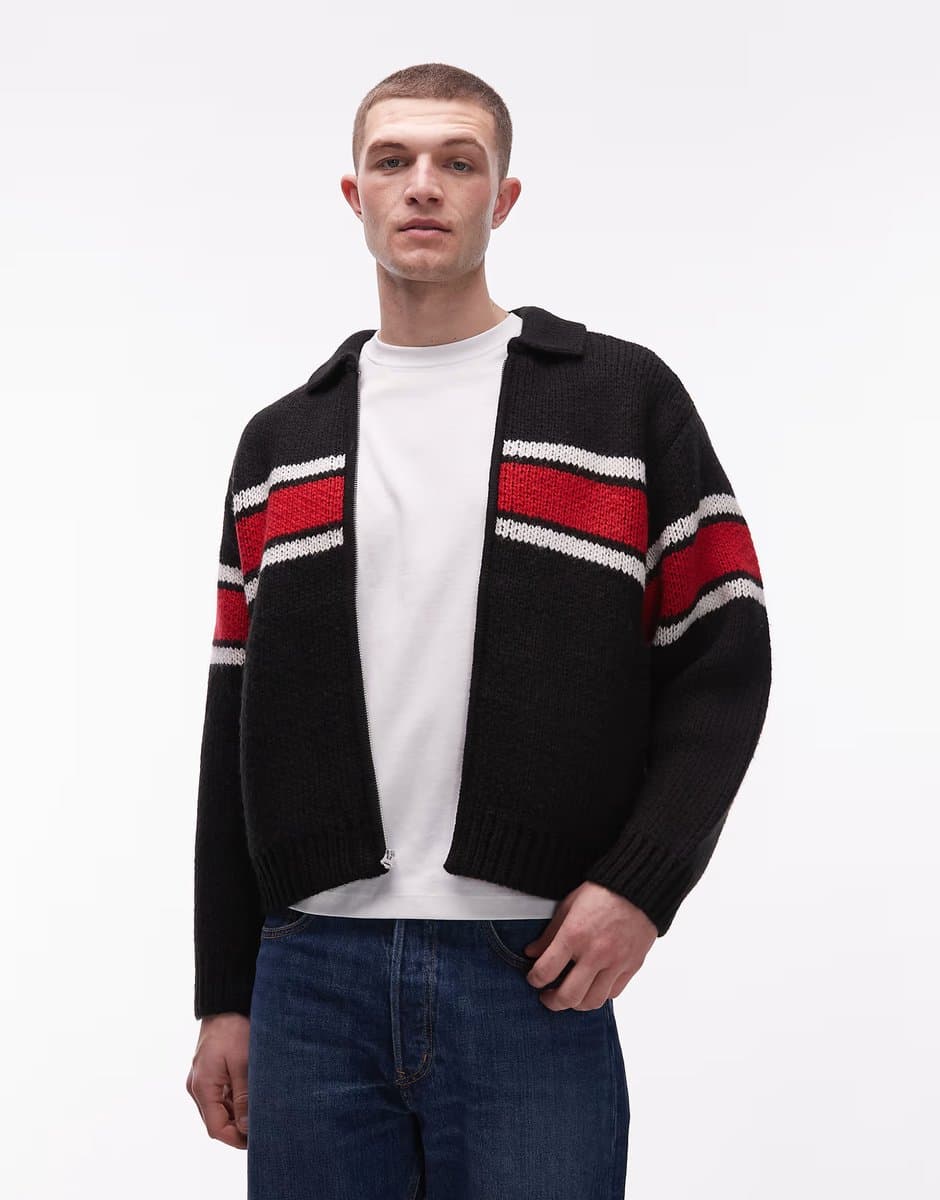ASOS Obey bernard zip through cardigan in black and red