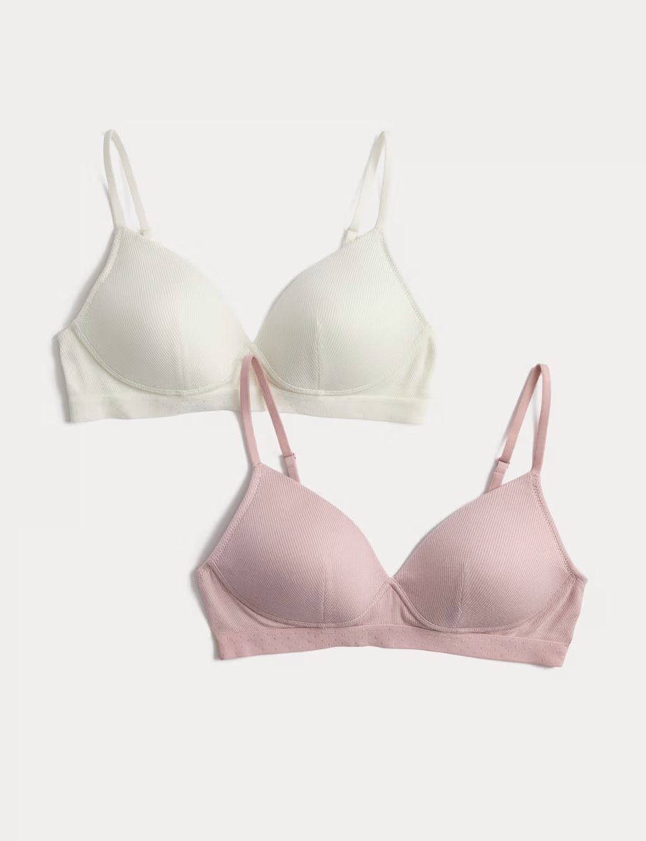 Marks & Spencer M&S 2 Pack Non Wired Cotton Rich Ribbed First Bras AA-D Light Pink Mix - 1