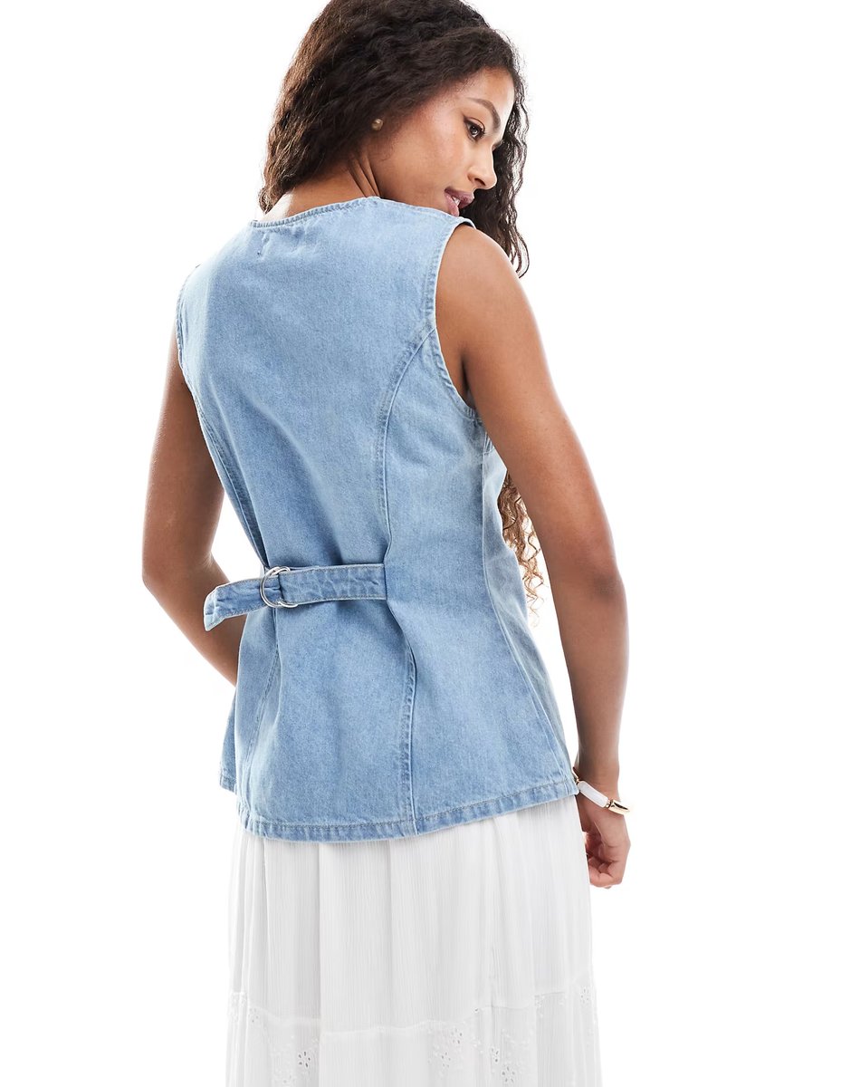 ASOS ASOS DESIGN denim split front waistcoat in mid blue - 4