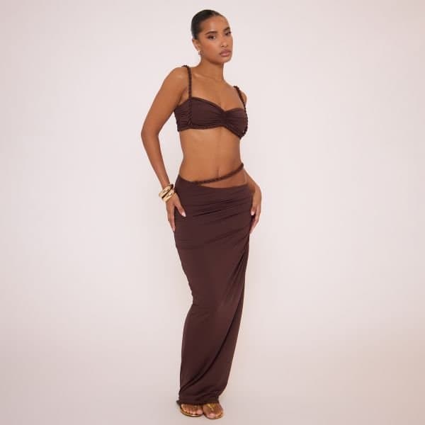 EGO Twisted Strap Ruched Front Bralet Top And Cut Out Detail Maxi Skirt Co-Ord Set In Brown, Women's Size UK Large L
