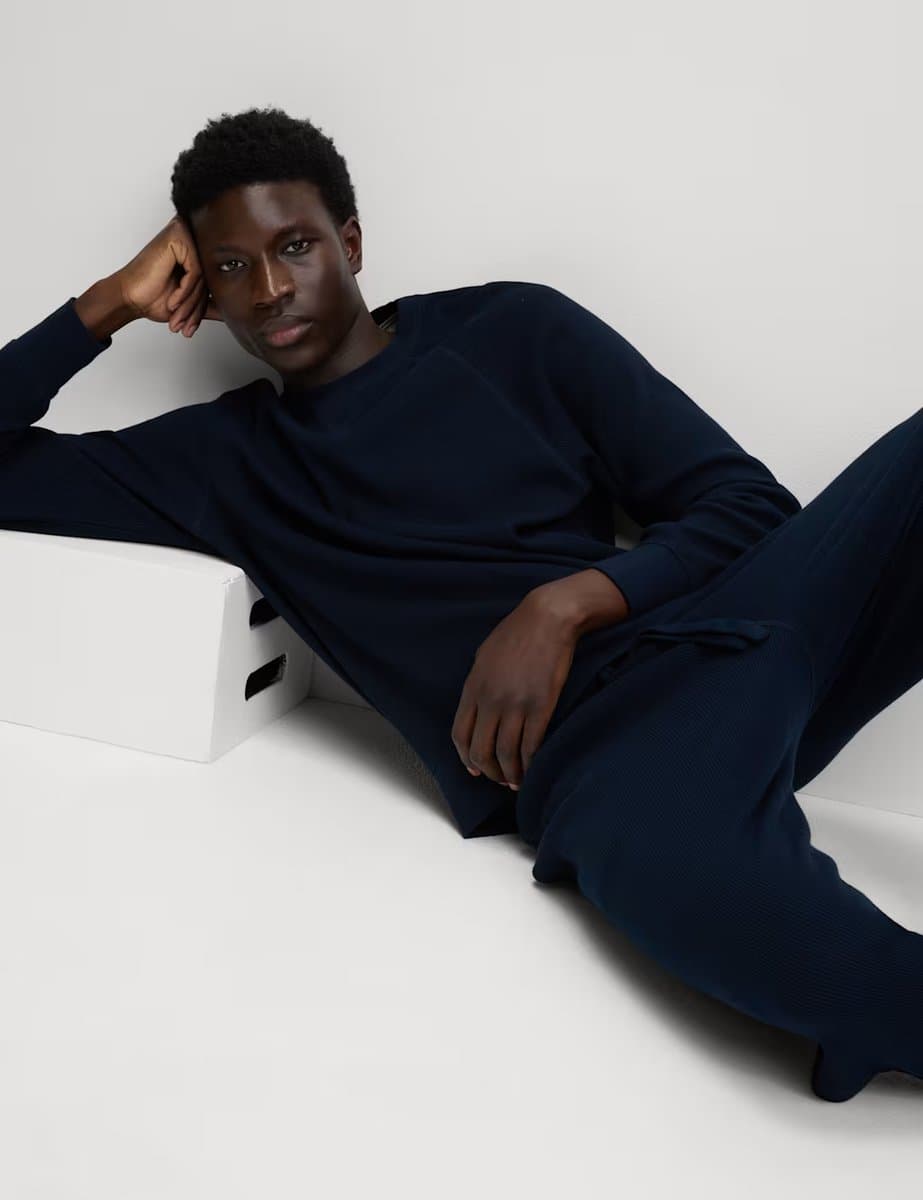 Marks & Spencer M&S Comfortable Waffle Loungewear Sweatshirt in Navy