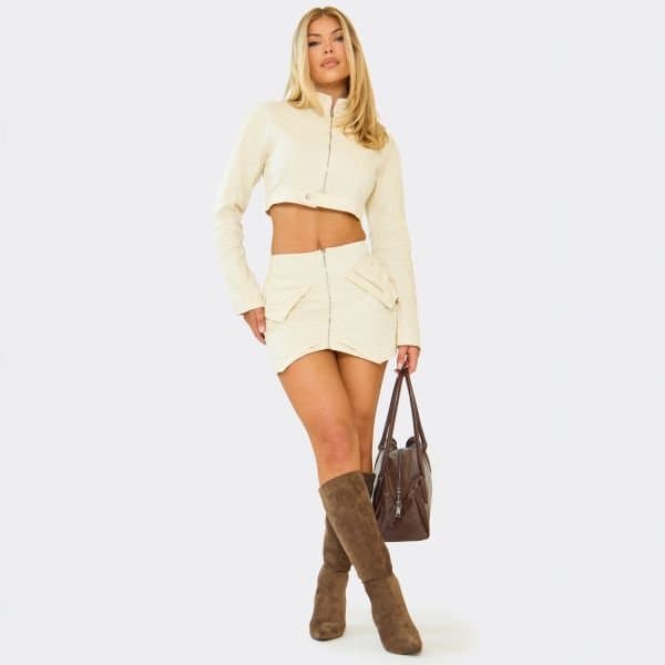 EGO Mid Rise Zip Front Pocket Detail Mini Skirt In Stone, Women's Size UK 6