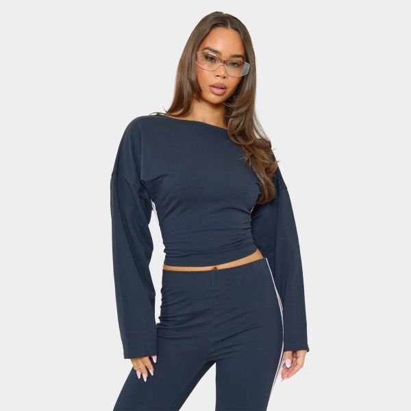 EGO Off The Shoulder Cinched Waist Top In Navy Blue, Women's Size UK 6 - 1