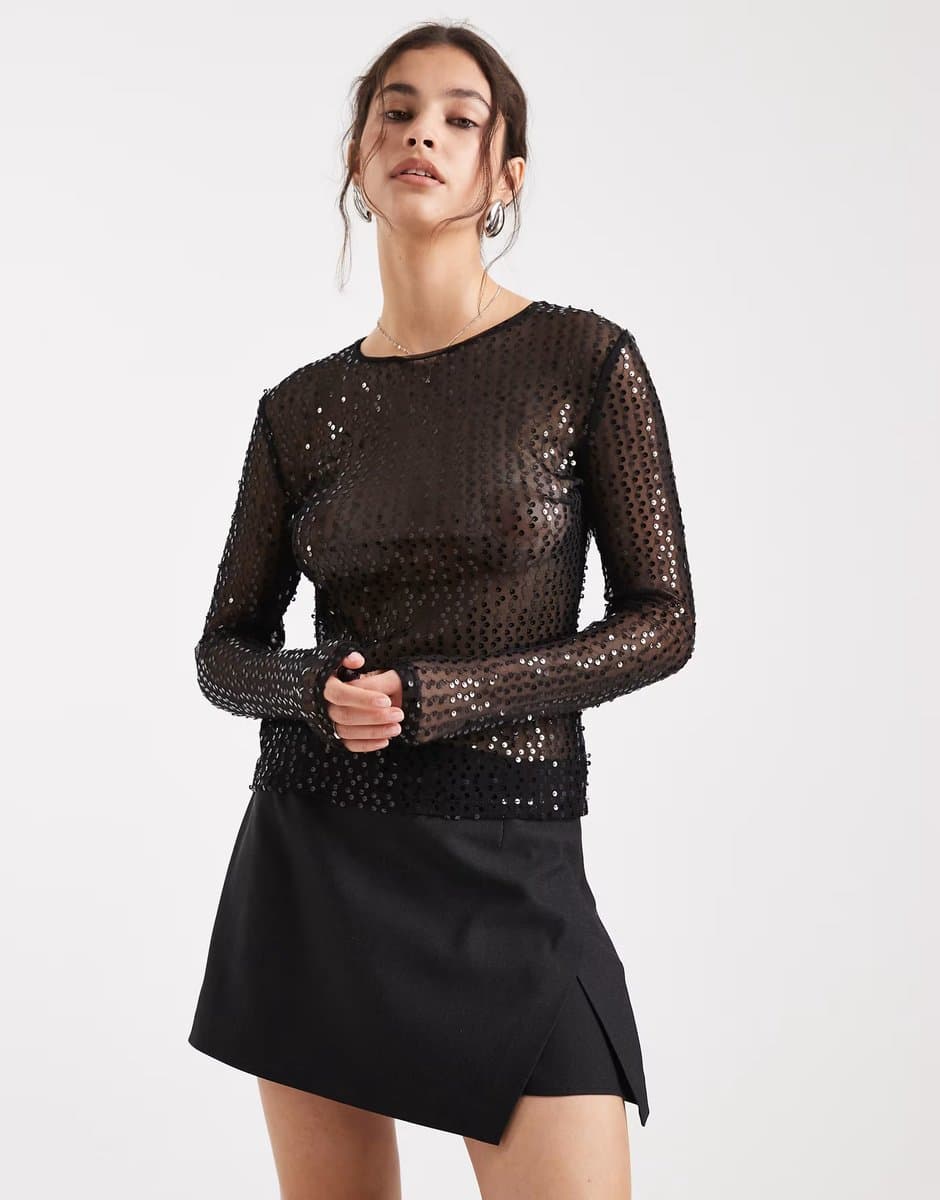 ASOS Pieces long sleeve sequin top in black