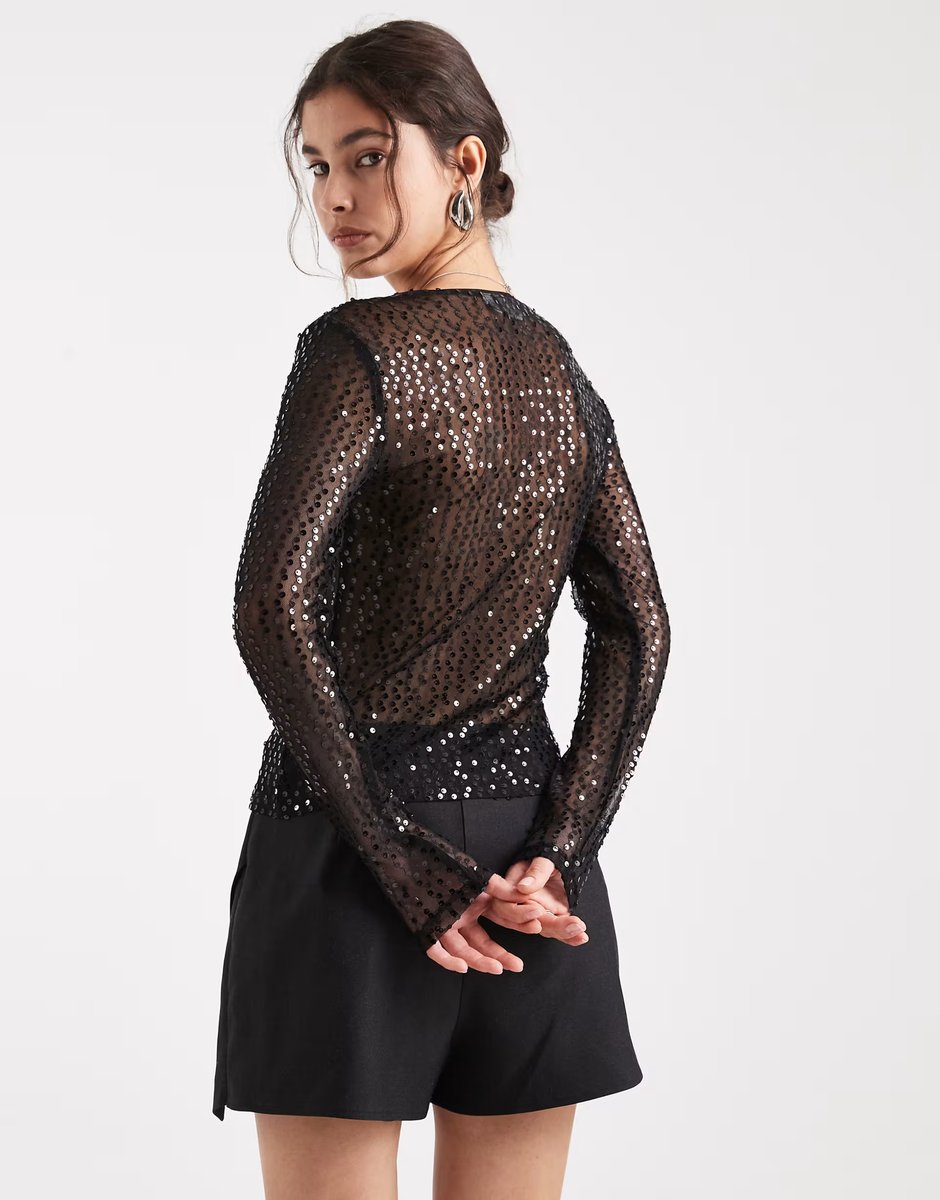 ASOS Pieces long sleeve sequin top in black - 4