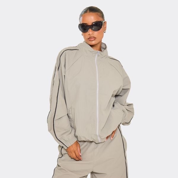 EGO Shell Contrast Stripe Detail Zip Up Track Jacket In Grey, Women's Size UK 6 - 2