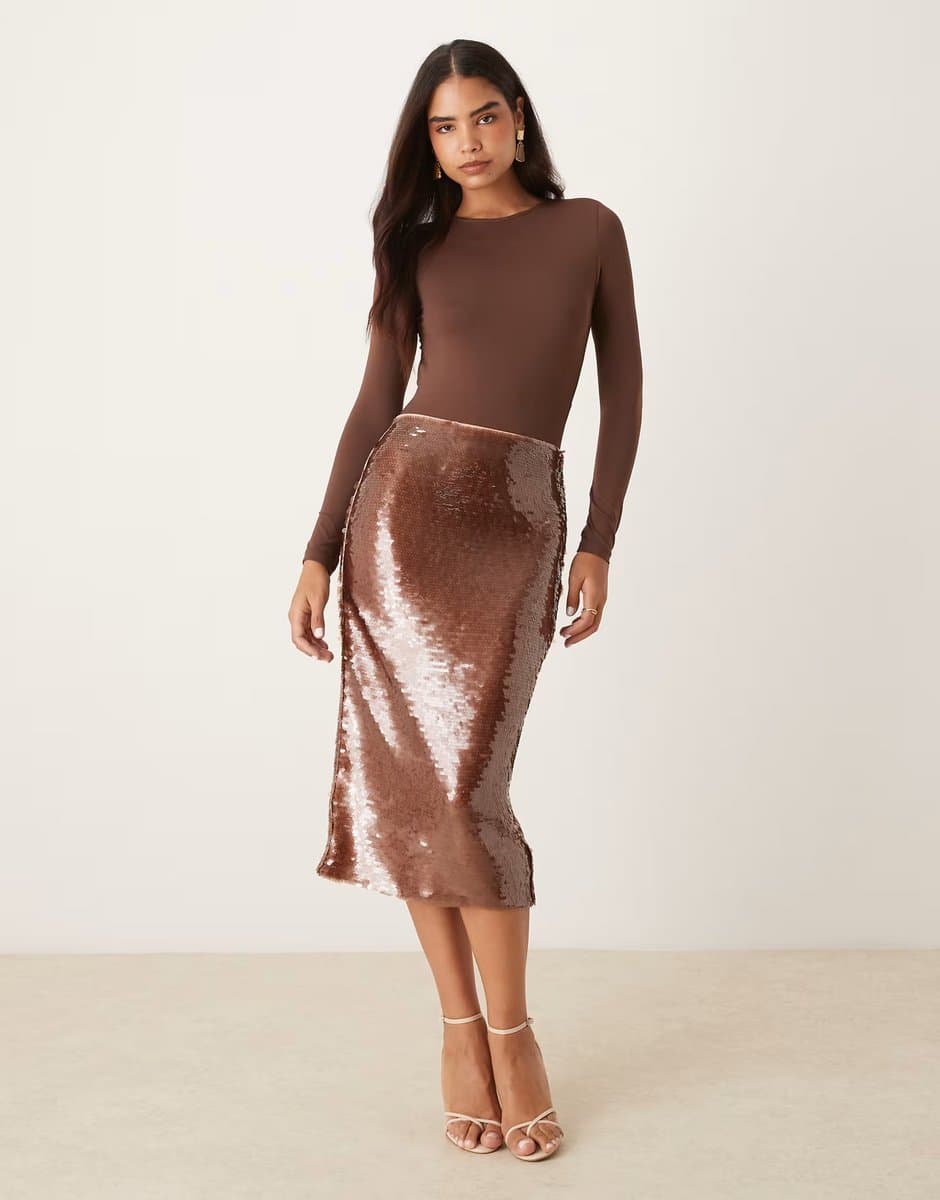 ASOS ASOS Sequin Midi Skirt in Brown