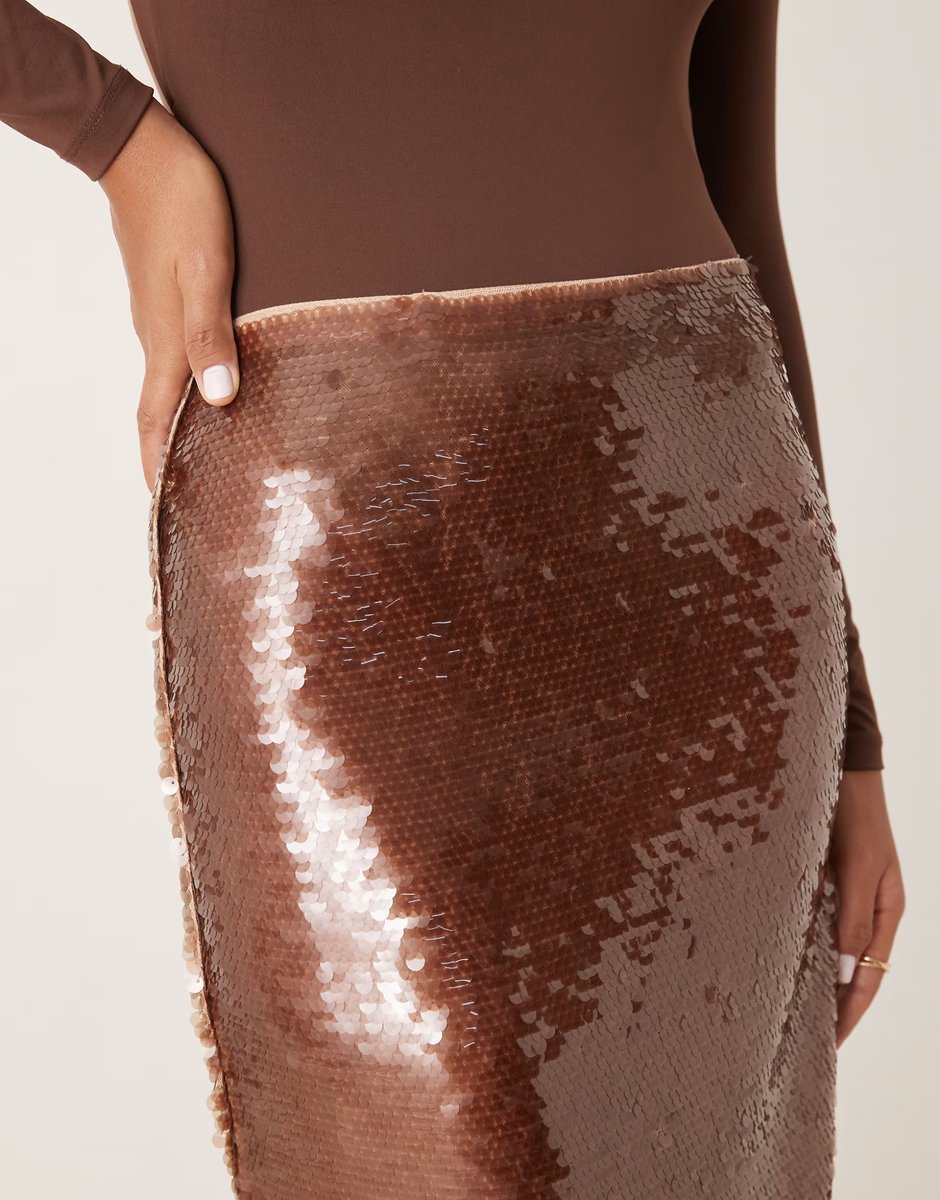 ASOS Mango sequin midi skirt in brown - 3