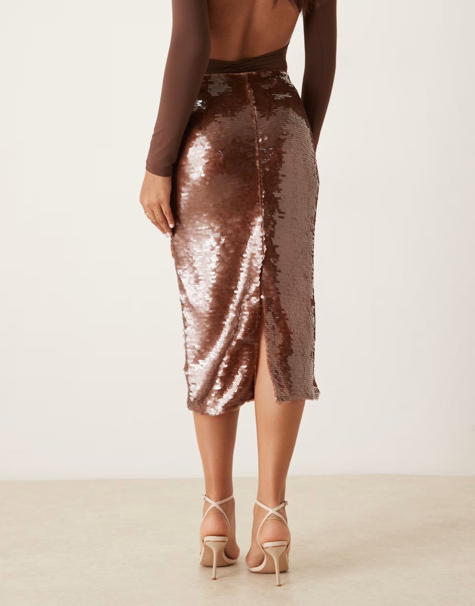 ASOS Mango sequin midi skirt in brown - 4