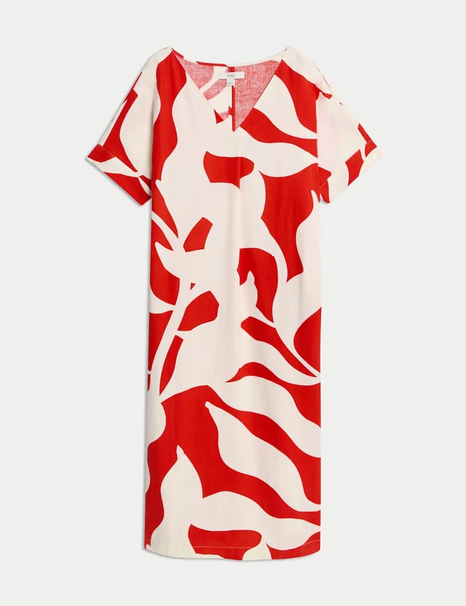 Marks & Spencer M&S Linen Rich Printed V-Neck Midi Shift Dress Red Mix