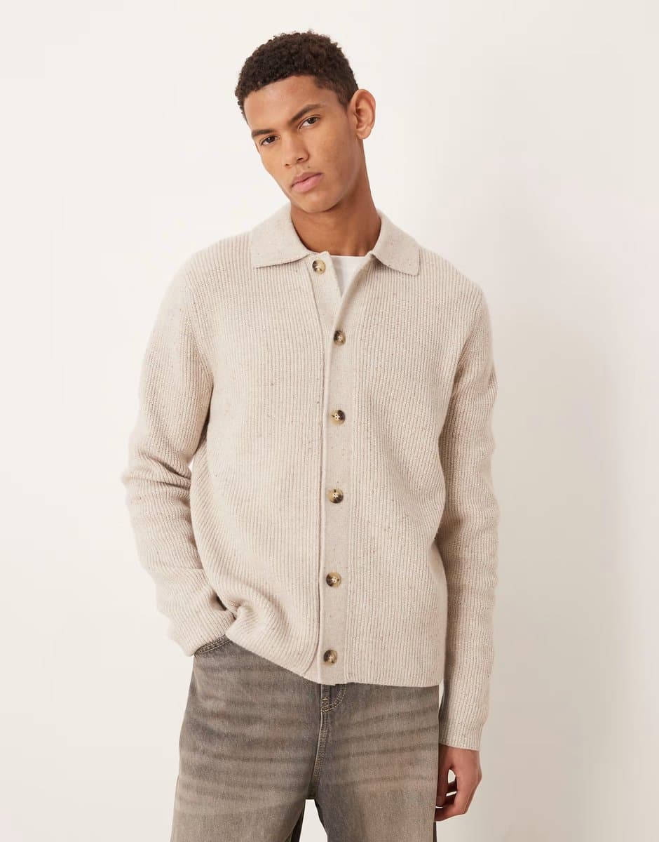 ASOS Mango knitted polo cardigan in beige