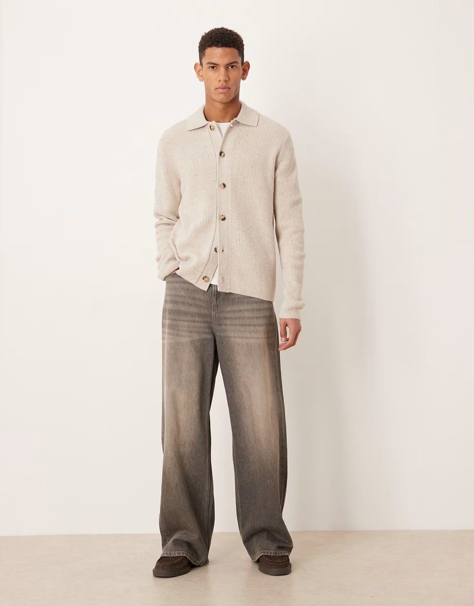 ASOS Mango knitted polo cardigan in beige - 2