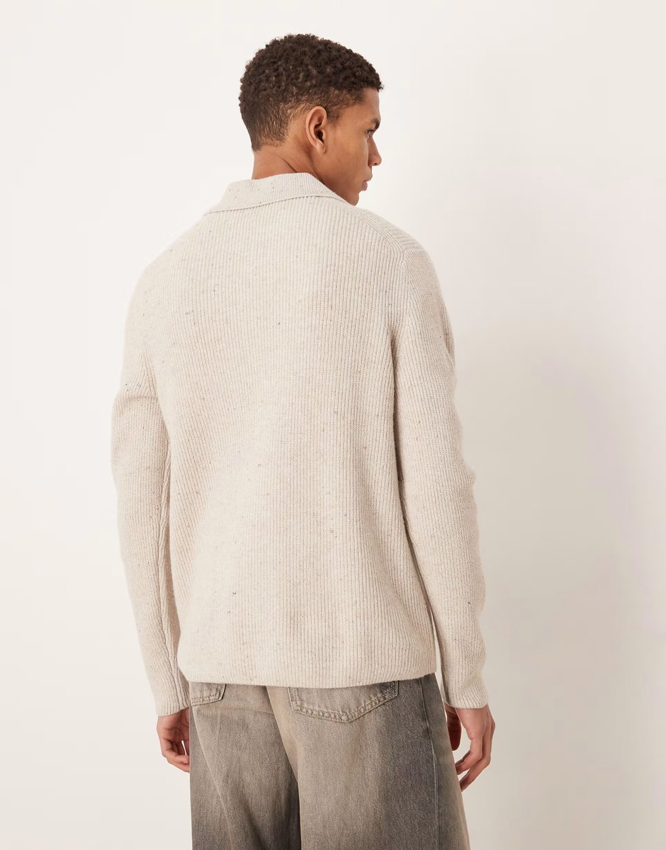 ASOS Mango knitted polo cardigan in beige - 3