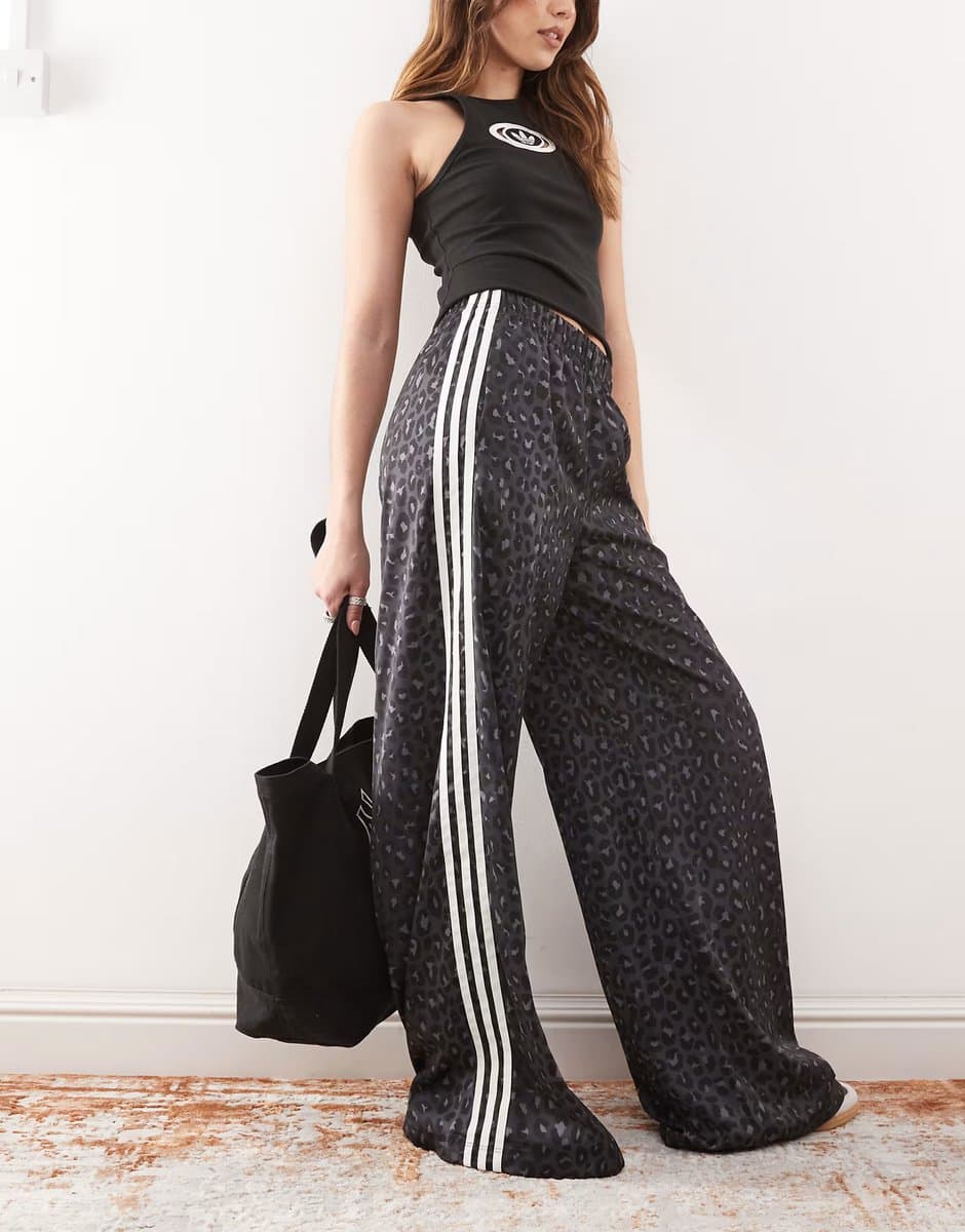 ASOS adidas Originals satin wide leg track pants in black leopard print  - MULTI