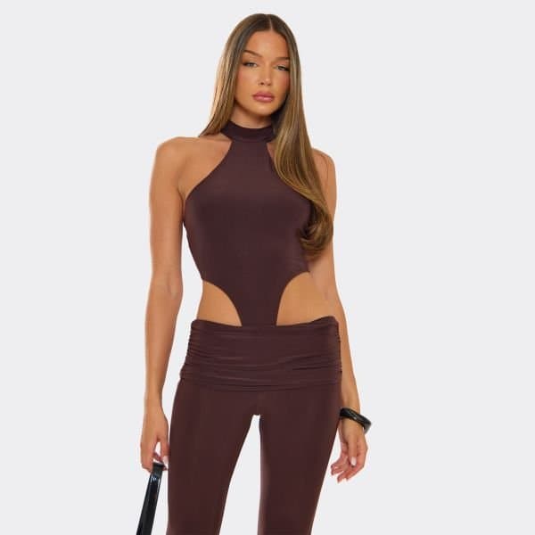 EGO High Neck Racer High Leg Bodysuit In Chocolate Brown, Women's Size UK 8