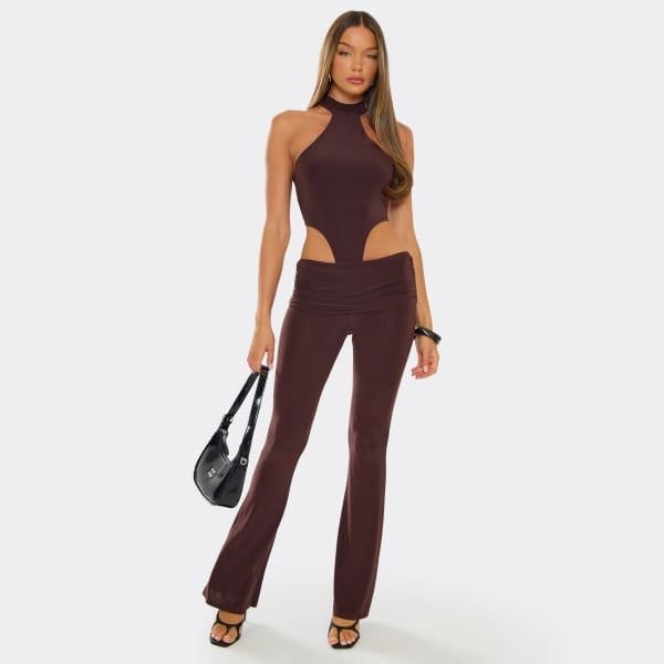 EGO High Neck Racer High Leg Bodysuit In Chocolate Brown, Women's Size UK 8 - 2