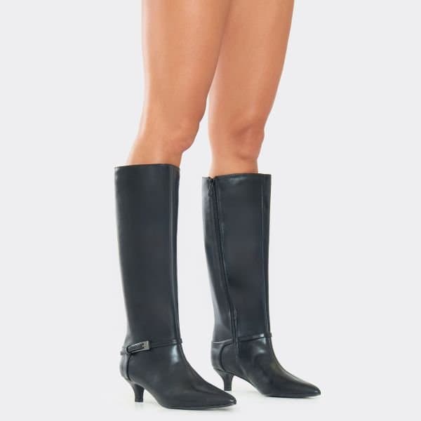 EGO Spring Buckle Detail Pointed Toe Knee High Kitten Heel Boot In Black Faux Leather, Women's Size UK 3