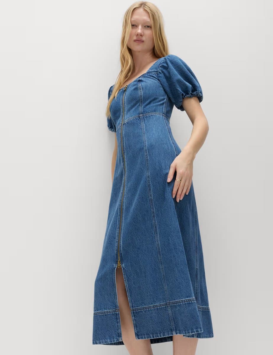 Marks & Spencer M&S Denim Puff Sleeve Midi Waisted Dress Denim