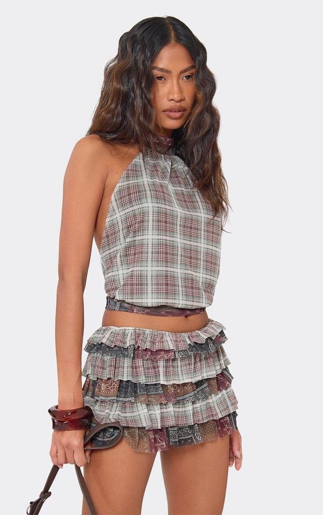 EGO Halterneck Open Tie Back Detail Top In Green And Brown Paisley Check Print Mesh, Women's Size UK 6 - 2