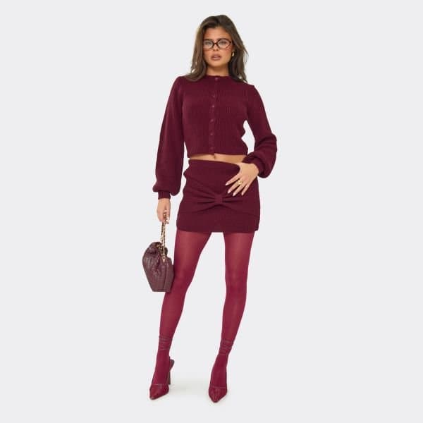 EGO EGO Mid Rise Bow Front Detail Mini Skirt in Burgundy Knit