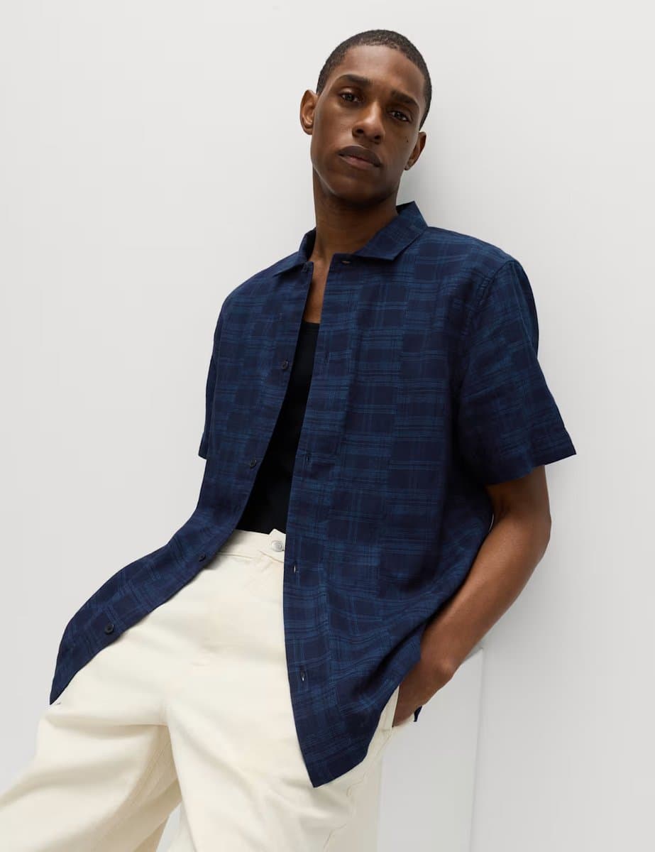 Marks & Spencer M&S Regular Fit Easy Iron Pure Cotton Shirt Navy Mix