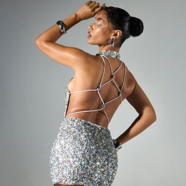 EGO High Neck Lace Up Back Detail Mini Dress In Silver Sequin, Women's Size UK 8