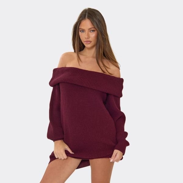 EGO Long Sleeve Fold Over Bardot Chunky Jumper Dress In Burgundy Knit, Women's Size UK Small S - 2
