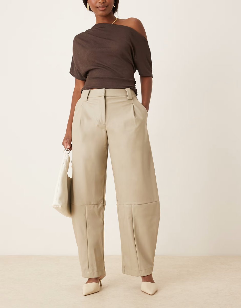 ASOS ASOS DESIGN tailored leather look barrel trousers in stone - 3