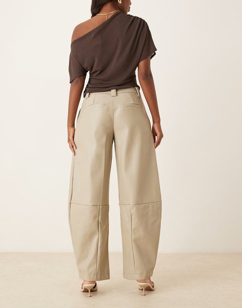ASOS ASOS DESIGN tailored leather look barrel trousers in stone - 4