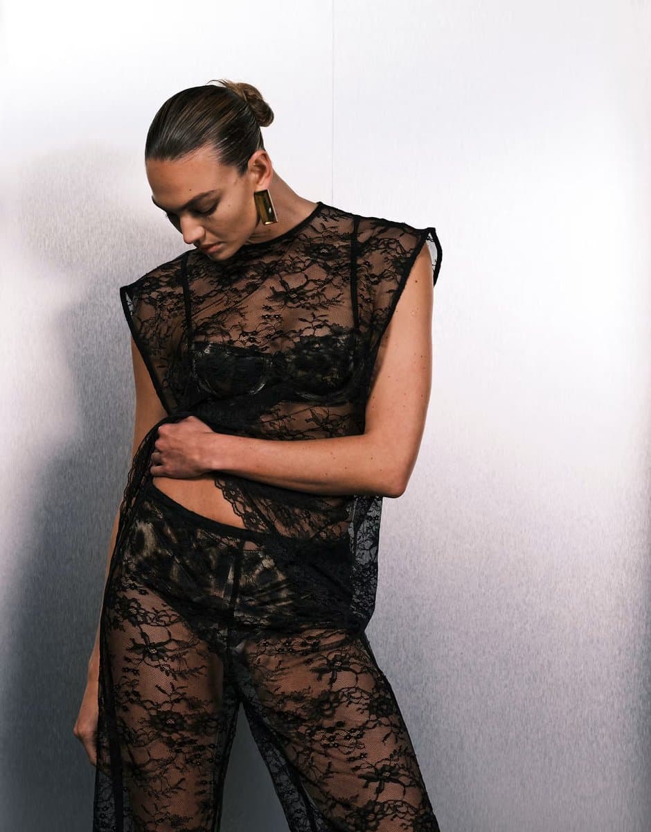 ASOS VRG GRL longline short sleeve lace mesh top in black