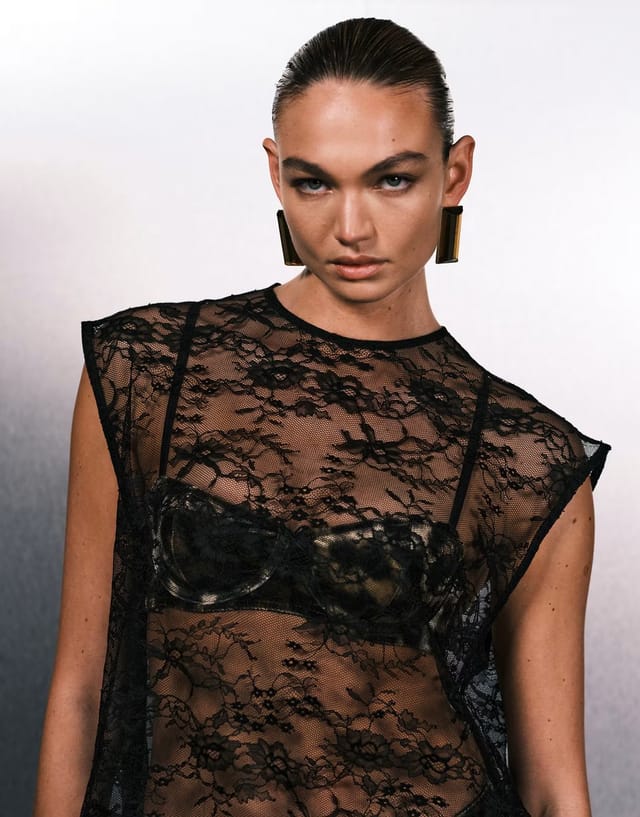 ASOS VRG GRL longline short sleeve lace mesh top in black - 3