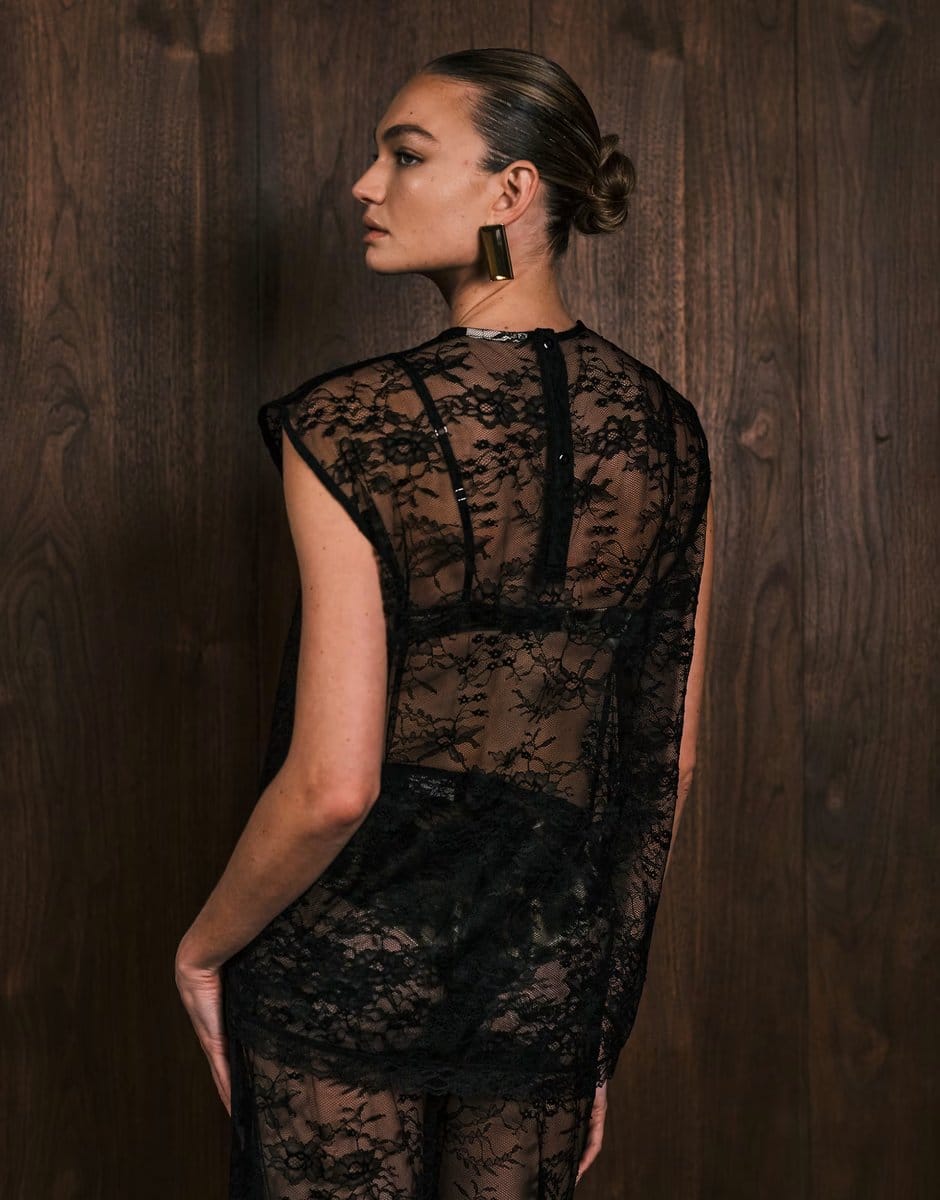 ASOS VRG GRL longline short sleeve lace mesh top in black - 4