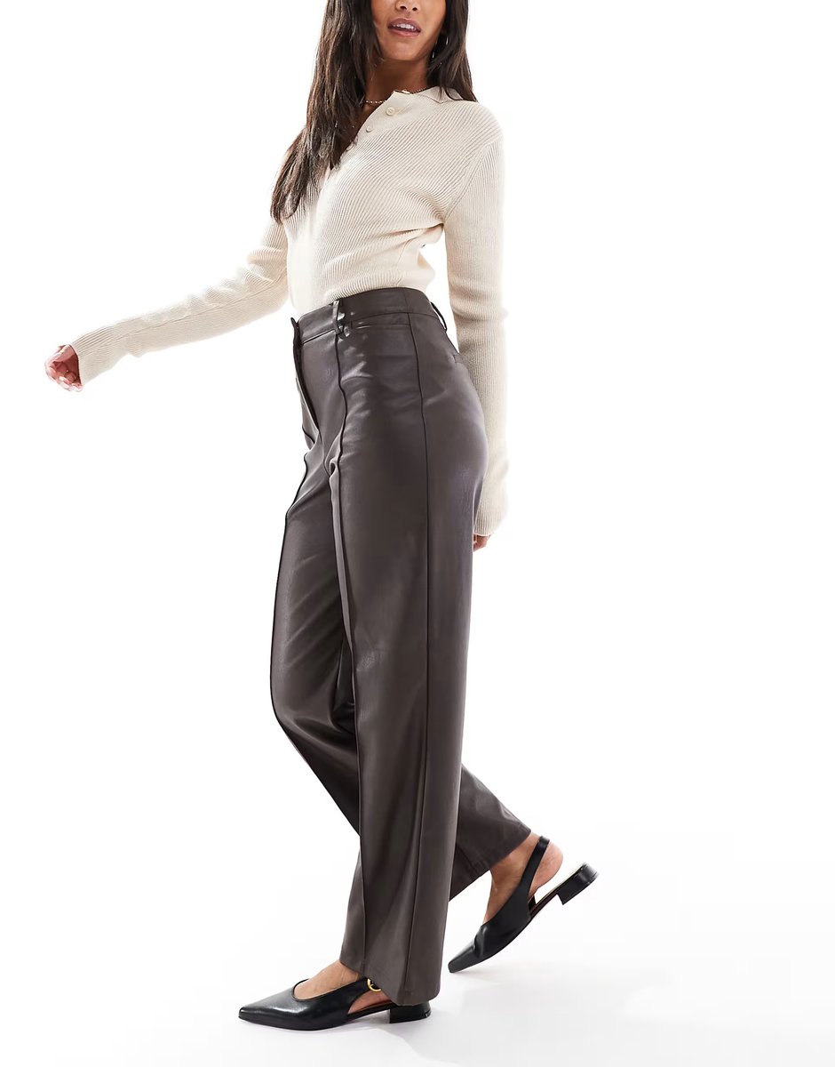 ASOS New Look faux leather wide leg trousers in dark brown - 3
