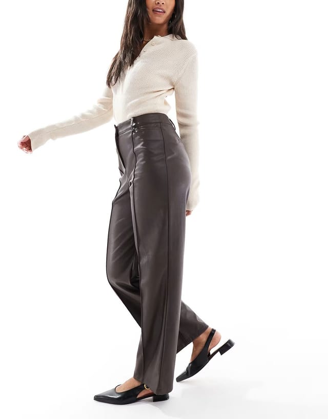 ASOS New Look faux leather wide leg trousers in dark brown - 3