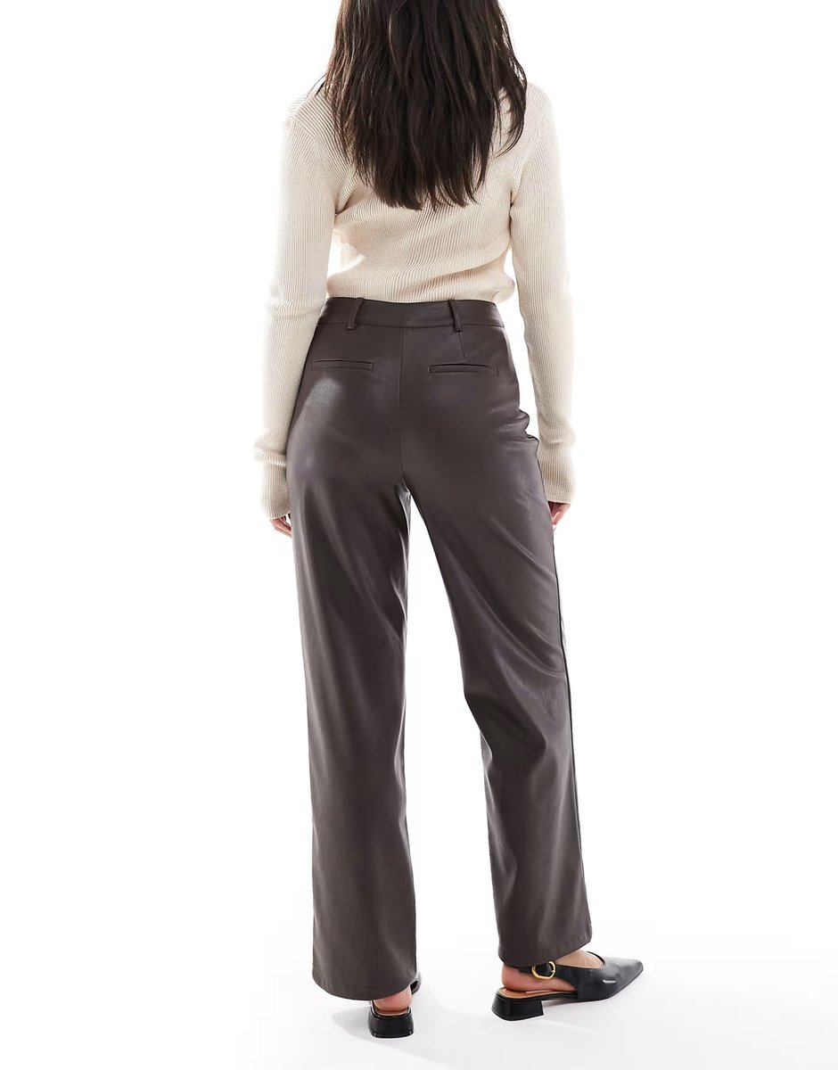 ASOS New Look faux leather wide leg trousers in dark brown - 4