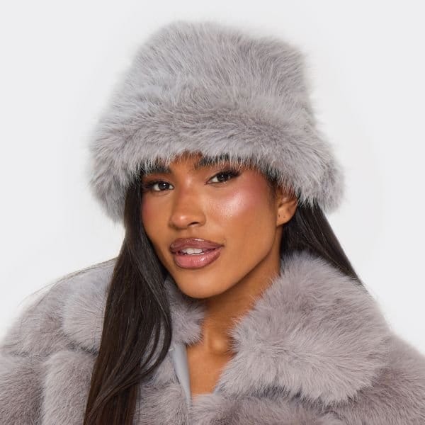 EGO Oversized Chunky Hat In Grey Faux Fur, Women's Size UK One Size - 1